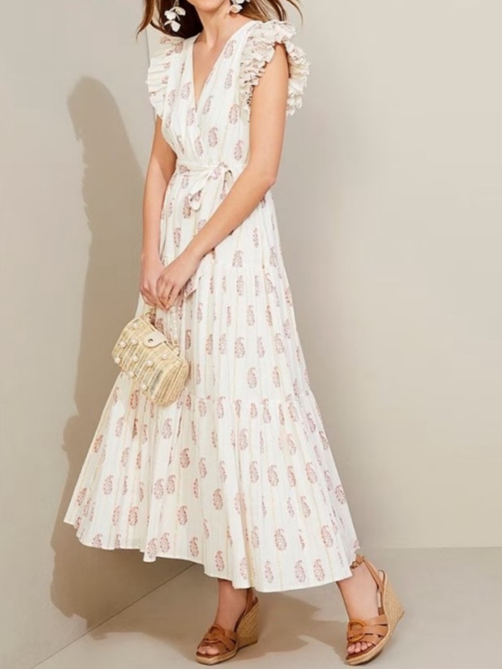 A Loves A Floral Metallic Striped Ruffle Sleeve Cotton Tiered Maxi Dress- Size S